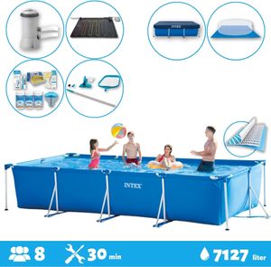 Intex-Schwimmbecken mit rechteckigem Rahmen – 450 x 220 x 84 cm – Blau – im Lieferumfang enthalten Abdeckung - Bodenplane - Filterpumpe für Schwimmbad - Solarmatte - Wartungspaket - Reinigungskit