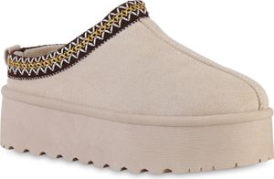VAN HILL Damen Warm Gefütterte Pantoffeln Bequeme Plateau Prints Schuhe 840601, Farbe: Beige, Größe: 37