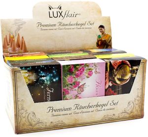 Luxflair Premium Räucherkegel/Räucherkerzen Mischung 12 x 20 Stück in der XXL Großpackung. Klassisch, blumig, fruchtig, weihnachtlich. Sparpack inklusive Kegelhalter