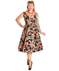 SugarShock Silja 50er retro Hawaii Flower Rockabilly Petticoat Kleid, Größe:L, Farbe:Schwarz