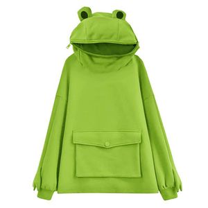 Fleecepullover Damen Mittellanges Design Super Süße Frosch Kapuzen Lazy Coat Jacke Hellgrün M