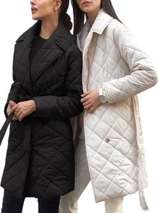 Damen Steppmäntel Langarm Mantel Verdickte Jacke Gürtel  Winter Warm Übergangsjacke Weiß,Größe XL