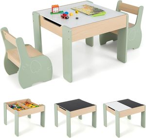 COSTWAY 3tlg. Kindersitzgruppe aus Holz, 4-in-1-Kindertisch mit 2 Stühlen & Abnehmbarer Tafel, Kindermöbel-Set mit Stauraum für Spielzimmer, Kindergarten (Grün)