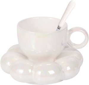 Keramik-Wolkentasse, Blumen-Kaffeetasse und Untertasse-Set, kreative süße Kaffeetassen mit Sonnenblumen-Untersetzer, Espressotassen für Latte, Tee, Milch, Geschenke Weiß