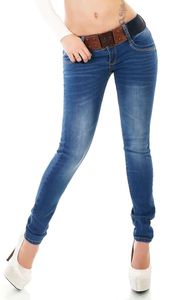 Moderne Slim Fit Röhren-Jeans mit breitem Kontrast-Gürtel - blue washed Größe - 42