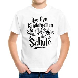 Kinder T-Shirt Jungen Bye Bye Kindergarten ich zaubere jetzt in der Schule Geschenk zur Einschulung Schulanfang Moonworks® weiß 122-128 (7-8 Jahre)