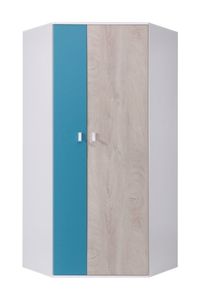 Jugendzimmer - Eckkleiderschrank, Farbe: Eiche / Weiß / Blau - Abmessungen: 190 x 90 x 90 cm (H x B x T)