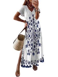 Women Floral Print Sundress Beach V Neck Dress Flowy Short Sleeve DressesFarbe:White Größe:5XL