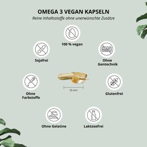 OMEGA-3 Vegan - DHA + EPA Essentielle O3-Fettsäuren aus Algenöl - vegane Kapseln - hochdosiertes veganes Öl - pflanzlich - ohne Fischöl & Gelantine