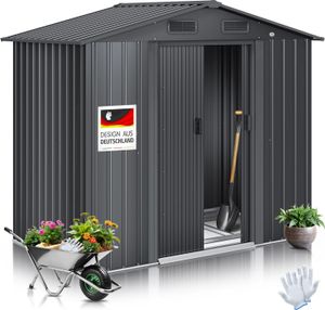 KESSER® XL Metall Gerätehaus 4,2m³ mit Fundament | inkl. Arbeitshandschuhe | 195x131x186cm |  2x Schiebetür & Fundament | Geräteschuppen | Gartenhaus Schrank | Satteldachdach Garten Schuppen