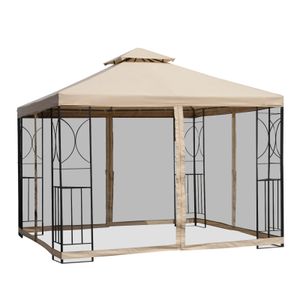 Outsunny Gartenpavillon Pavillon Festzelt Partyzelt wetterfest Zelt mit 4 Ablagen Metall + Polyester Beige 3 x 3 m