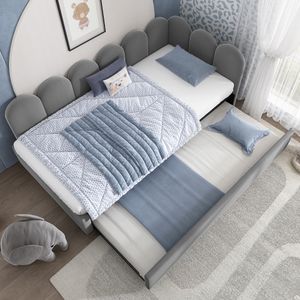 Merax Polsterbett 90x200 cm mit Ausziehbett, Tagesbett Kinderbett mit Samtbezug & Gitterdesign – Inkl. Rollbett (90x190 cm), ohne Matratze, Grau