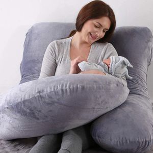 Těhotenský polštář ve tvaru písmene J, polštář pro boční spaní, úložný polštář se 100% bavlněným pratelným sametovým potahem, šedý