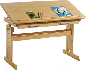 Kinderschreibtisch OLIVIA aus Kiefer in buchefarben, schöner Schülerschreibtisch neigungs- und höhenverstellbar, praktischer Jugendschreibtisch mit Schubladen