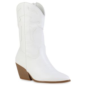 VAN HILL Damen Cowboy Boots Stiefeletten Stickereien Schuhe 839926, Farbe: Weiß Velours, Größe: 40