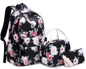 Mädchen Rucksack Set Blumen Schulrucksack Daypack Damen Teenager Reise Schultasche Laptop Backpack für Mädchen Schule 3 in 1 (Schwarz)