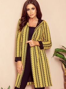Cardigan Modell Lang mit Kapuze, aus Jacquard-Stoff, gelb kariert von Numoco. Polnisches Produkt.Langen Cardigan mit Kapuze, aus Jacquard-Stoff, gelb kariert von Numoco. Polnisches Produkt. S