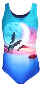 Aquarti Mädchen Badeanzug mit Ringerrücken Print, Farbe: Delfine Mond Rosa / Blau, Größe: 140