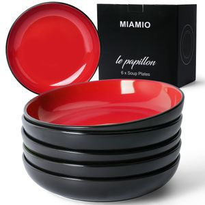 MIAMIO - Suppenteller Set Rot, Pasta Teller Le Papillon Kollektion (6 x 900 ml)