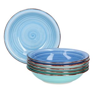 Teller-Set Blue 6Pers Suppenteller 750ml Salatteller Servier Porzellan handbemalt mehrfarbig