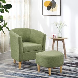 Ohrensessel mit Hocker, Wohnzimmer Sessel Grün, Fernsehsessel Relaxsessel, gepolsterter Leinenstoff Akzentstuhl Schlafzimmer Loungesessel Grün