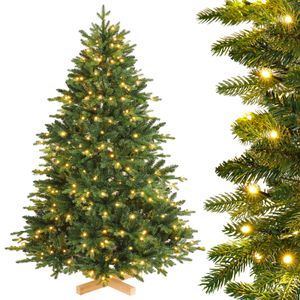 Yorbay künstlicher Weihnachtsbaum Nordmanntanne mit Beleuchtung LED Tannenbaum mit Holzständer für Weihnachten-Dekoration, aus PE und PVC, Mehrweg (150cm)