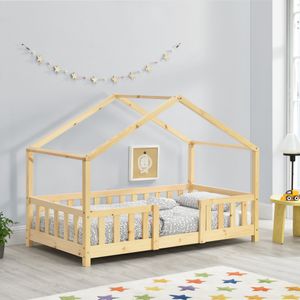 Kinderbett ’Treviolo‘ in Haus-Optik mit Rausfallschutz Kiefernholz 80 x 160 cm Holzfarben