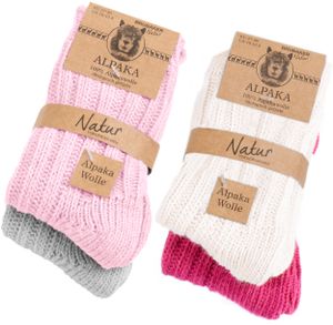 BRUBAKER 4 Paar Kinder Alpaka Socken aus 100% Alpakawolle - Wintersocken Set für Jungen und Mädchen - Kindersocken Pink Rosa Beige Grau - Wollsocken in Größe 31-34