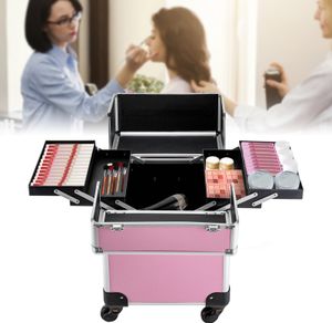 Kosmetikkoffer Trolley Schminkkoffer Tragebar Schminkstation Werkzeug Box mit Griff 4 Universalrollen Rosa