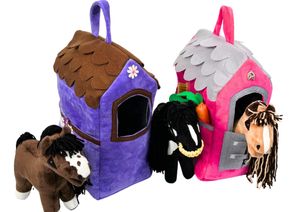 Pferdestall für Baby Horse Mini, Pferde, Spielzeug, Geschenk für Kinder Mädchen, Zubehör, Transporter für ein Plüschpferd, Rosa - Grau 33x24x16 cm