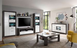 Etero Wohnzimmer Set 479cm dark concret / weiß Hochglanz Vitrine Modern Wohnwand