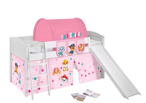 Kinderbett mit Rutsche IDA 4106 Landhaus weiß Vorhang Paw Patrol rosa Spielbett 200x90 cm