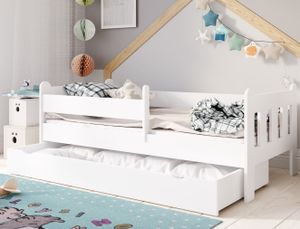 Kinderbett 80x160 | 80x180 | 90x200 cm mit Schublade, Rausfallschutz & Lattenrost in weiß 160 x 80 Mädchen Jungen Bett