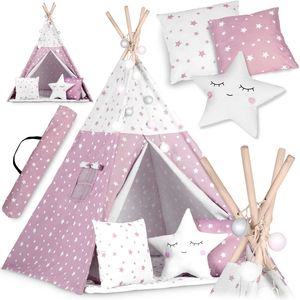 Tipi Zelt Spielzelt Baumwolle Kinderzelt mit 3 Kissen Matratze Lichtern - rosa mit Sternen