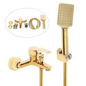 Dusche Set Messing Duschsystem mit Handbrause Brausehalter Duschschlauch Duschkopf Wannenbatterie Badewannenarmatur (gold)