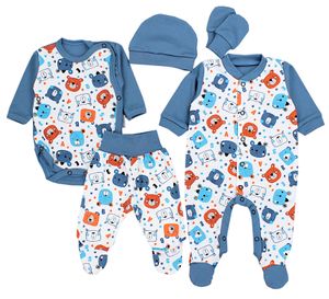 TupTam Baby Kleidung Set Jungen Langarm Bekleidung Body Neugeborene Füßlingen Hose Body Strampler Mütze 5 tlg, Farbe: Teddybär Blau, Größe: 56