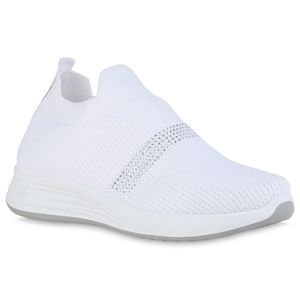 VAN HILL Damen Sportschuhe Slip Ons Strass Strick Profil-Sohle Stoff-Schuhe 840297, Farbe: Weiß, Größe: 40