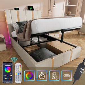 Flieks hydraulická čalúnená posteľ 90x200cm s USB a typom C, úložná posteľ so skrinkovou pružinou a LED diódou, jednolôžková posteľ pre mladých s lamelovým roštom, posteľná bielizeň, béžová