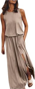 Damen Sommerkleid Sexy Ärmellos Einfarbig Rundhalsausschnitt Schlitz, Sale Strandkleid Temperamentvoller Schlanker, Günstig Freizeitkleid Lockerer Bequem, Sommerkleid Lässiger Modischer