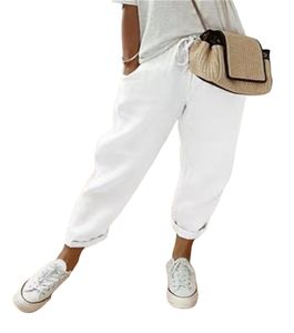 ASKSA Damen Leinenhose Casual Leicht Sommerhose Bequeme Hose Freizeithose Strandhose mit Taschen, Weiss, Groesse: XXL