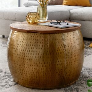 FineBuy konferenční stolek mango masiv kov 60x60x40 cm zlatý kulatý s úložným prostorem | Designový obývací stůl odnímatelná deska | Obývací stůl rozk