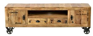 SIT Möbel Lowboard auf Rollen | 2 Türen, 2 Schubladen, 1 offenes Fach | Mango-Holz natur antik | B 200 x T 40 x H 55 cm | 01921-04 | Serie RUSTIC