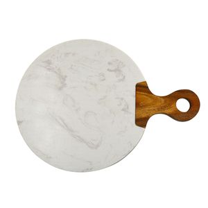 1x Kadum Schneidebrett "Carrara" aus weißem Marmor und Akazienholz mit Holzgriff Ø 25 cm