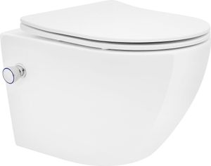 LuxeBath závesné WC bez ráfika krátke 49 cm, biele, z keramiky s funkciou bidetu, WC s mäkkým zatváraním Soft-Close odnímateľné WC sedátko Duroplast