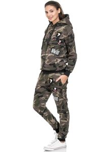 Damen Jogging-Anzug | USA Patches Strick 685 | Trainings-Anzug aus 100% Baumwolle | Sporthose+Hoodie | Sport-Anzug | S-XXL Khaki/Camouflage XXL
