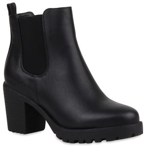 Mytrendshoe Damen Stiefeletten Chelsea Boots Profilsohle Blockabsatz Schuhe 76976, Farbe: Schwarz, Größe: 38