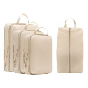 Compression Packing Cube, 4-teilig Koffer Organizer Set, Packwürfel für Kleidung, Travel Organizer Kleidertaschen Schuhbeutel und Wäschebeutel, Beige