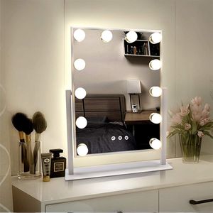 kozmetické zrkadlo 35,5 x 47 cm Kozmetické zrkadlo s 12 LED osvetlením Hollywoodske zrkadlo Stojace zrkadlo na toaletný stolík do kúpeľne, otočné o 360°, dotykové ovládanie, biele