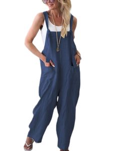 Damen Latzhosen Jumpsuit Lässiger Overalls Baggy Sommer Playsuit Lang Hosen mit Taschen Blau,Größe XL