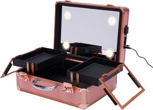 Tragbaren Kosmetikkoffer Kosmetiktasche Organisierter Friseurkoffer Rollender Schminkzugkoffer mit Spiegel LED Licht für Reisewagen Kofferraum Rose Gold